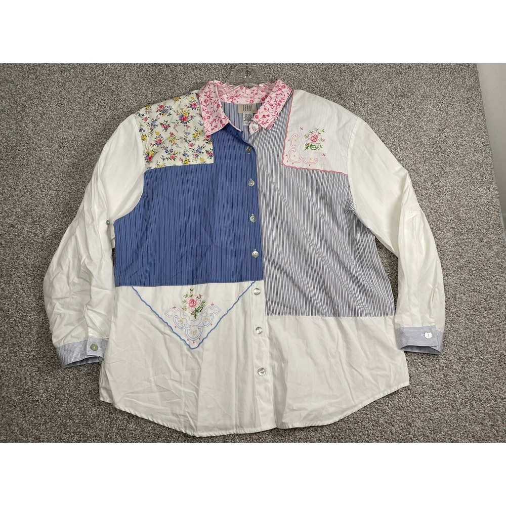 Teddi Button Up Shirt Womens 1X Patchwork Cottage Floral Embroidered Vintage